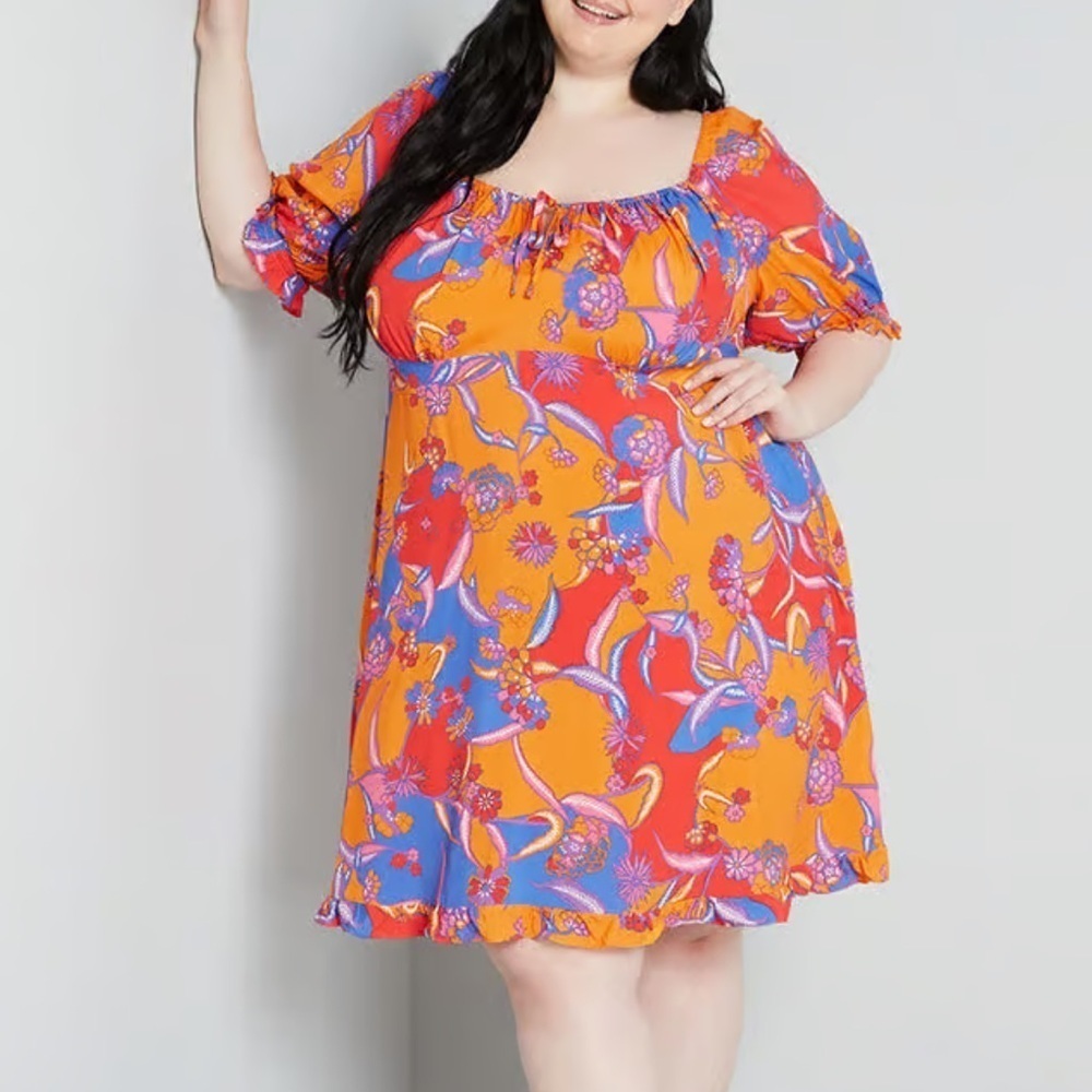 ModCloth Taking a Tropical Twirl Babydoll Dress Orange Bali Floral
